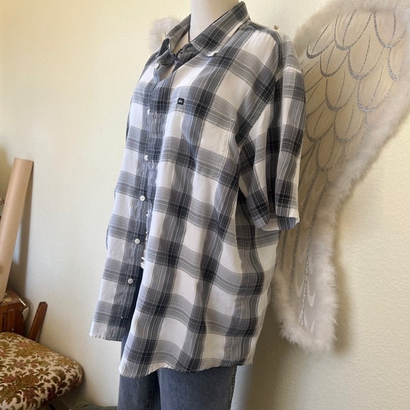 Indie Skater Grunge Plaid Oversized Shirt Button Up Short Sleeve Dad‎ Grey Black - Picture 2 of 7